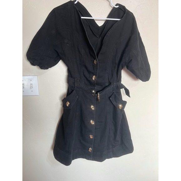 Commense Black Denim Puff Sleeve Button Belted Mini Dress Pocketed dark romantic - Picture 2 of 12